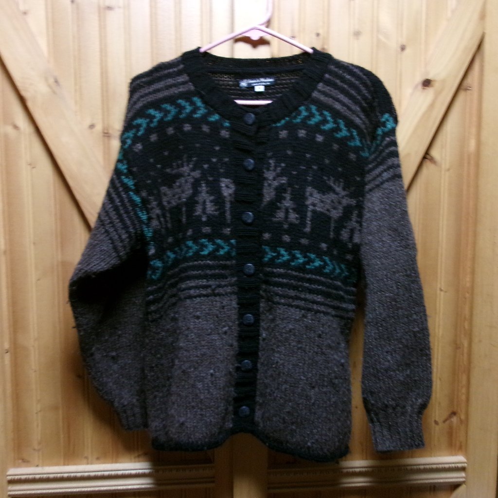 Vtg Ladies Earthy Brown Black Cardigan Big Buck Top 100 Wool Handknit Med